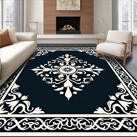 ODIKA 4'x6' Machine Washable Non-Slip Area Rug, Intricate Damask Motif with Raised Textural High Traffic Rug, Black, 476595