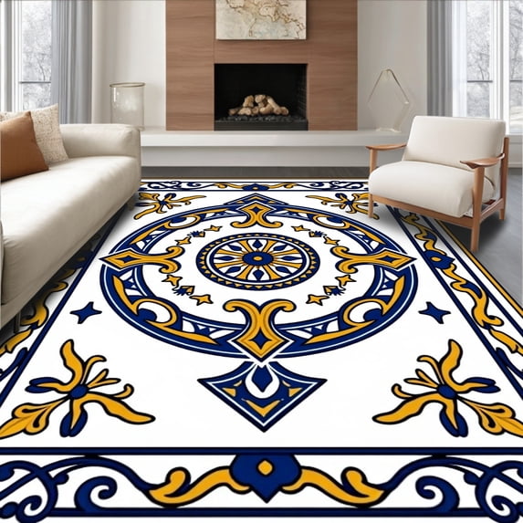ODIKA 4'x6' Machine Washable Non-Slip Area Rug, Intricate with Ornate Floral Medallion Design High Traffic Rug with Pad, White, 585858