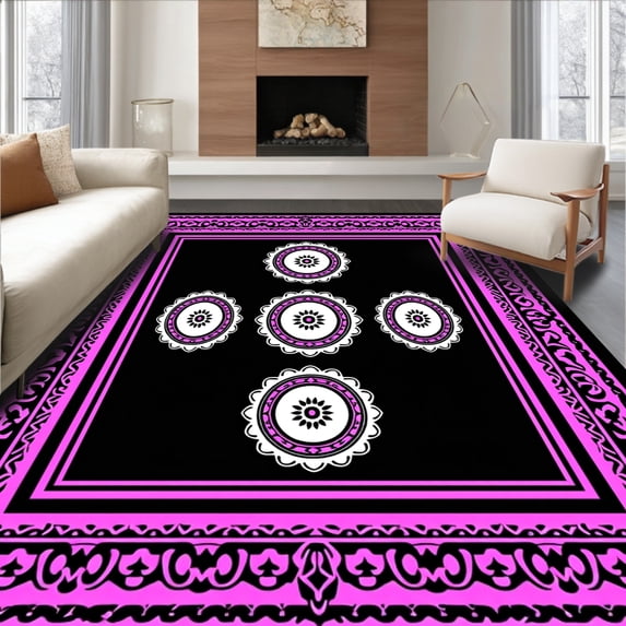 ODIKA 4'x6' Machine Washable Non-Slip Area Rug, Intricate with Ornate Medallion Design Non Slip High Traffic Rug, Pink, 551933