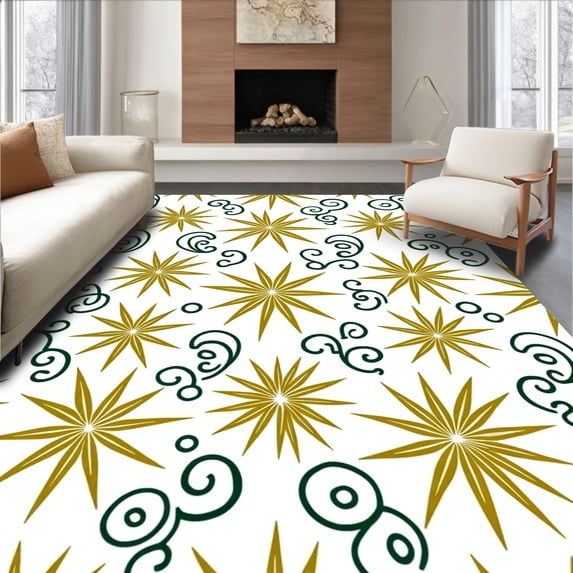 ODIKA 4'x6' Machine Washable Non-Slip Area Rug, Jacquard Inspired Starburst Motif with Modern Scrollwork High Traffic Rug with Pad, Gold, 738394