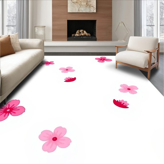 ODIKA 4x6 Machine Washable Non-Slip Area Rug, Japanese Cherry Blossom Petal Scatter with Gradient Pink Tones High Traffic Rug, Pink, 528368