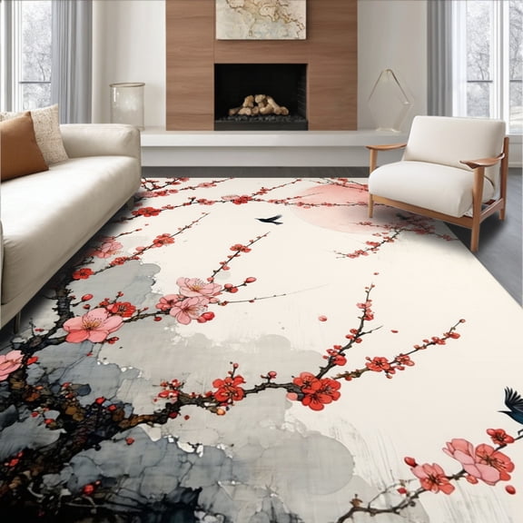 ODIKA 4'x6' Machine Washable Non-Slip Area Rug, Elegant Japanese Floral Cascade High Traffic Rug, Red, 25680