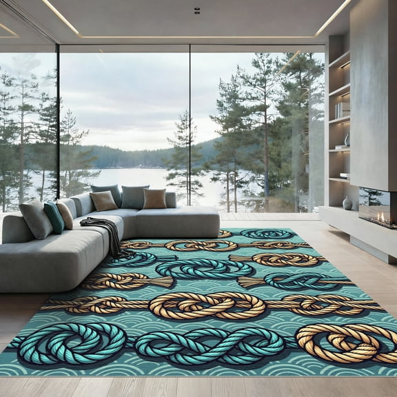 ODIKA 4'x6' Machine Washable Non-Slip Area Rug, Japanese Teal High Traffic Rug, Blue, 979565