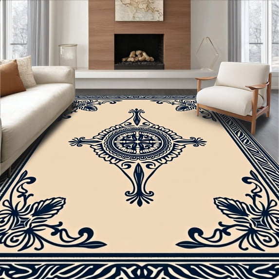 ODIKA 4'x6' Machine Washable Non-Slip Area Rug, Jewel Symmetrical Ornamental Retro Print High Traffic Rug, Beige, 588841