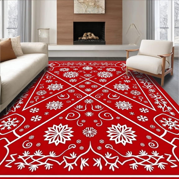 ODIKA 4'x6' Machine Washable Non-Slip Area Rug, Jolly Celebration Enchanted Yuletide Welcome High Traffic Rug, Red, 605543