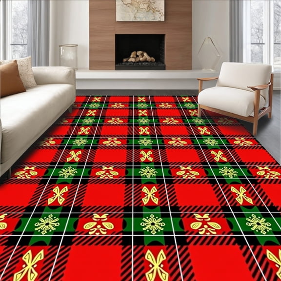 ODIKA 4'x6' Machine Washable Non-Slip Area Rug, Jolly Tartan Front Step Decoration Seasonal Welcoming Display High Traffic Rug, Red, 609071