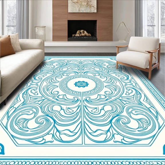 ODIKA 4'x6' Machine Washable Non-Slip Area Rug, Josette Medallion Vintage Transitional Nautical Maritime Wave High Traffic Rug, Blue, 577730