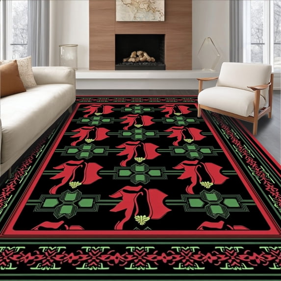 ODIKA 4'x6' Machine Washable Non-Slip Area Rug, Joyful Animal Companions with Textured 3D Hooks and Classic Yuletide Imagery High Traffic Rug with Pad, Red, 746306