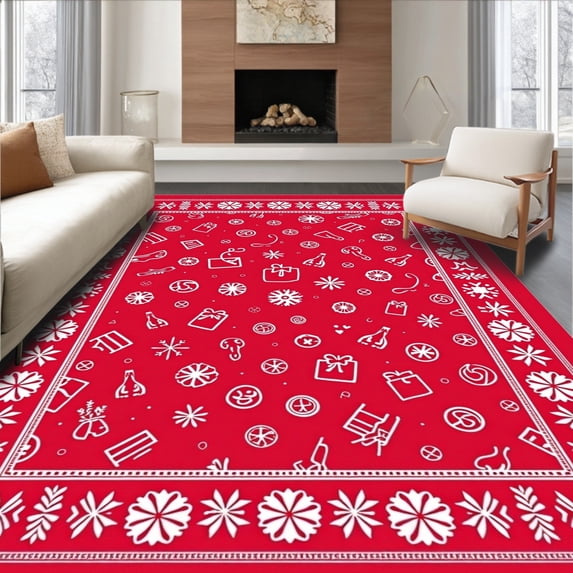 ODIKA 4'x6' Machine Washable Non-Slip Area Rug, Joyful Celebration Yuletide Hearth With Whimsical Seasonal High Traffic Rug with Pad, Red, 733023