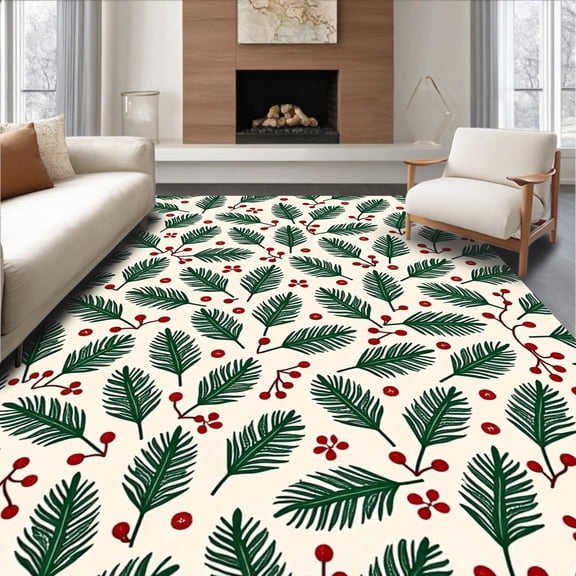 ODIKA 4'x6' Machine Washable Non-Slip Area Rug, Joyful Evergreen Branches Festive Yuletide Adornment High Traffic Rug, Green, 605934