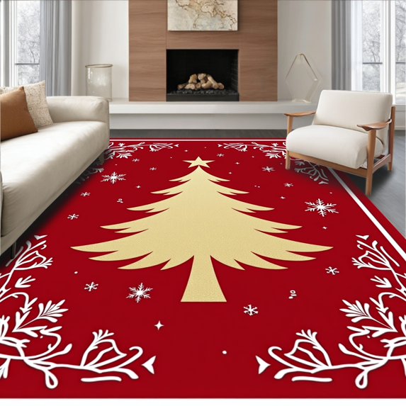 ODIKA 4'x6' Machine Washable Non-Slip Area Rug, Joyful Evergreen Celebration Accent Seasonal Display High Traffic Rug with Pad, Red, 607087