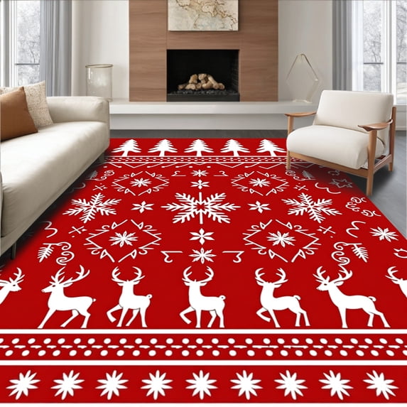 ODIKA 4'x6' Machine Washable Non-Slip Area Rug, Joyful Nordic Yuletide Heritage Seasonal Display High Traffic Rug with Pad, Red, 746409