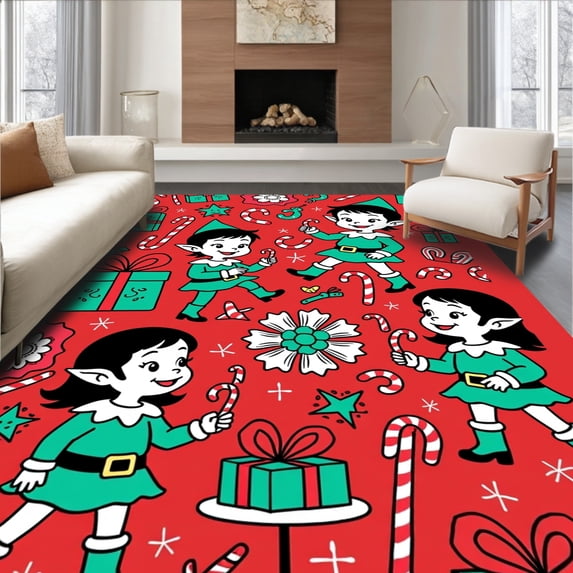 ODIKA 4'x6' Machine Washable Non-Slip Area Rug, Joyful North Pole Workshop Elves Preparing Holiday Presents High Traffic Rug, Red, 605903