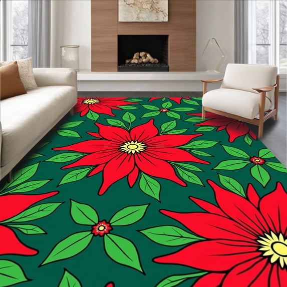 ODIKA 4'x6' Machine Washable Non-Slip Area Rug, Joyful Poinsettia Bloom Latch Kit Sofa Pillow Project High Traffic Rug, Red, 647905