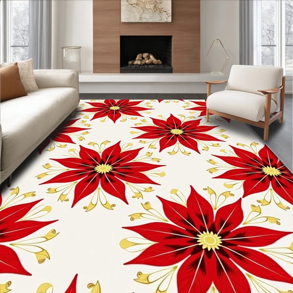 ODIKA 4'x6' Machine Washable Non-Slip Area Rug, Joyful Poinsettia Bloom Slip Resistant Pair High Traffic Rug with Pad, Red, 626242