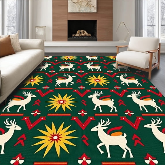 ODIKA 4'x6' Machine Washable Non-Slip Area Rug, Joyful Reindeer with Starburst Accents Folk Inspired High Traffic Rug with Pad, Green, 626588