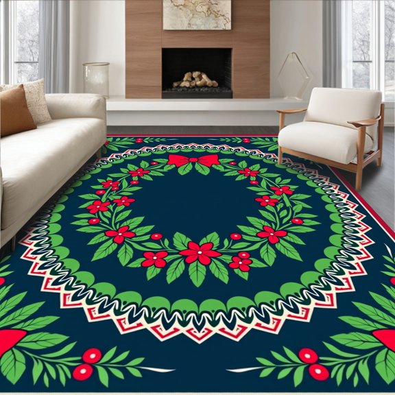 ODIKA 4x6 Machine Washable Non-Slip Area Rug, Joyful Season Celebration Hooked Artisan Tapestry Handicraft High Traffic Rug, Blue, 644876