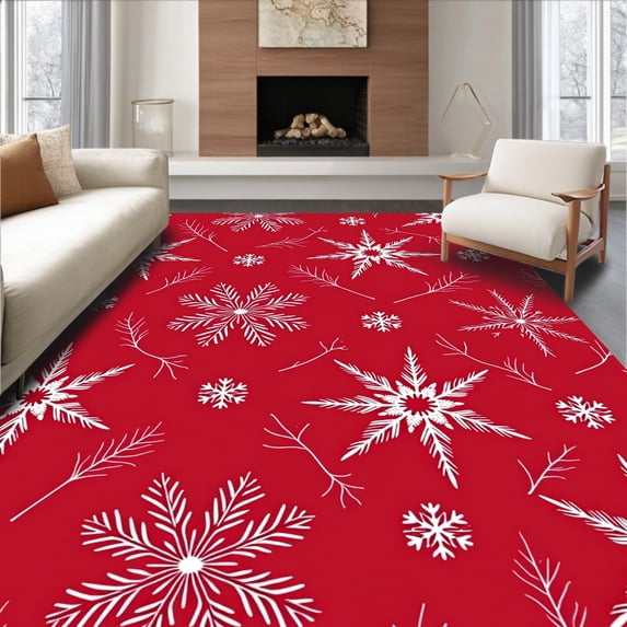 ODIKA 4'x6' Machine Washable Non-Slip Area Rug, Joyful Season Snowflake Celebration Hearth Entrance High Traffic Rug with Pad, Red, 608365