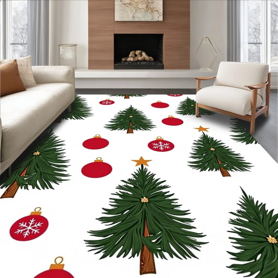 ODIKA 4'x6' Machine Washable Non-Slip Area Rug, Joyful Tannenbaum Doorstep Greeter Seasonal Front Entrance High Traffic Rug, Green, 622119