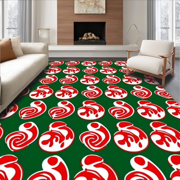ODIKA 4'x6' Machine Washable Non-Slip Area Rug, Joyful Winter Peppermint Swirl Decorative Floor High Traffic Rug, Green, 731689