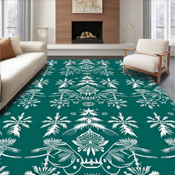 ODIKA 4'x6' Machine Washable Non-Slip Area Rug, Joyful Winter Wonderland Featuring Snowy Fir Motifs High Traffic Rug, Green, 605707