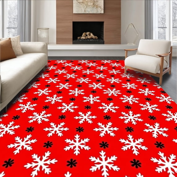 ODIKA 4'x6' Machine Washable Non-Slip Area Rug, Joyful Yuletide Celebration Wonderland Hearth Decoration High Traffic Rug, Red, 623169