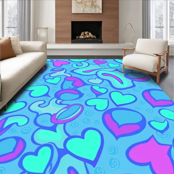 ODIKA 4'x6' Machine Washable Non-Slip Area Rug, Joystick Dreamscape Featuring Playful Symbols In Vibrant Pastel Gradients High Traffic Rug, Blue, 682896