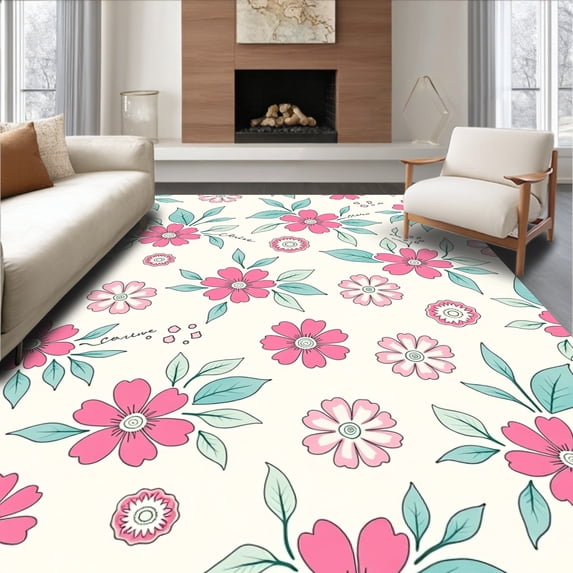 ODIKA 4'x6' Machine Washable Non-Slip Area Rug, Jubilant Blossoming Garden Decorative Accent High Traffic Rug, Pink, 360317