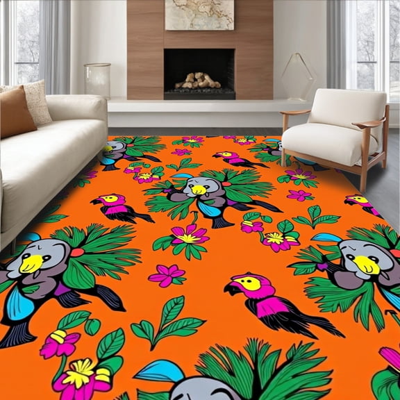 ODIKA 4x6 Machine Washable Non-Slip Area Rug, Jungle Expedition Play Surface showcasing Monkey Elephant Parrot Designs High Traffic Rug with Pad, Orange, 680988
