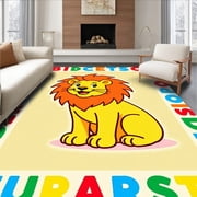 ODIKA 4x6 Machine Washable Non-Slip Area Rug, Jungle Monarch Alphabet Knowledge Circular Cartoon Playful Floor High Traffic Rug, Yellow, 690111