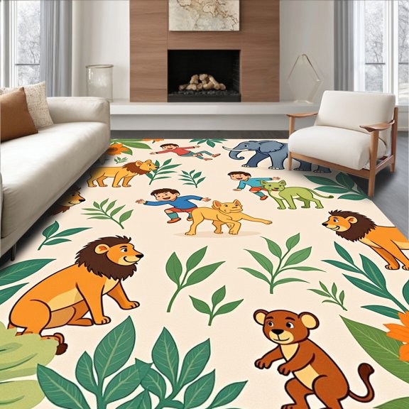 ODIKA 4x6 Machine Washable Non-Slip Area Rug, Jungle Safari Adventure 3D Wildlife Exploration Playmat High Traffic Rug, Beige, 682872