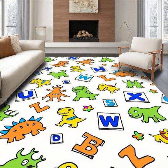 ODIKA 4x6 Machine Washable Non-Slip Area Rug, Jurassic Adventure ABC Knowledge Discovery Decorative Circular High Traffic Rug, White, 698436