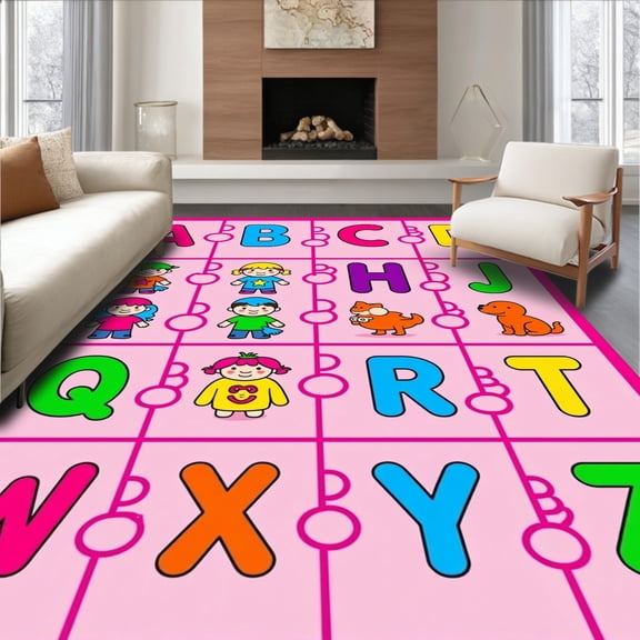ODIKA 4'x6' Machine Washable Non-Slip Area Rug, Juvenile Letter Recognition Map Elementary Study Foundation High Traffic Rug, Pink, 694321