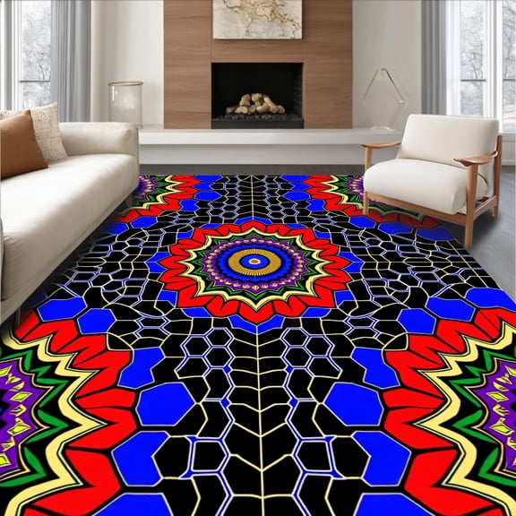 ODIKA 4'x6' Machine Washable Non-Slip Area Rug, Kaleidoscope Hexagon Mosaic Reversible Covering High Traffic Rug, Red, 716779