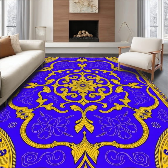 ODIKA 4'x6' Machine Washable Non-Slip Area Rug, Kaleidoscope with Symmetrical Ornate Medallion Design High Traffic Rug with Pad, Blue, 664372