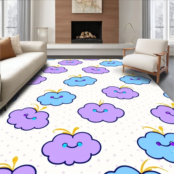 ODIKA 4'x6' Machine Washable Non-Slip Area Rug, Kawaii Adorable Fluffy Cloud Dreamy Wonderland Adventure High Traffic Rug, Purple, 489042