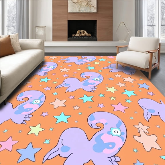 ODIKA 4'x6' Machine Washable Non-Slip Area Rug, Kawaii Galaxy Creatures Pastel Cartoon High Traffic Rug, Orange, 699952