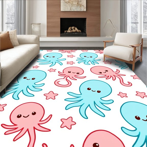 ODIKA 4x6 Machine Washable Non-Slip Area Rug, Kawaii Ocean Creatures Bath with Adorable Sea Friends Design High Traffic Rug, Pink, 724633
