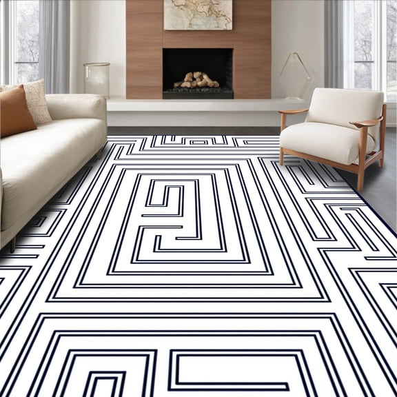 ODIKA 4'x6' Machine Washable Non-Slip Area Rug, Labyrinth Ink Maze Accent Design High Traffic Rug, White, 351428