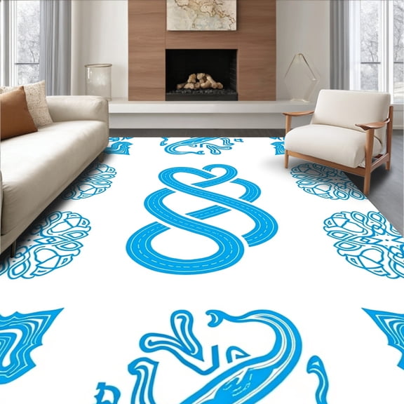 ODIKA 4'x6' Machine Washable Non-Slip Area Rug, Labyrinth Knot Continuous Path Mosaic High Traffic Rug, Blue, 534832