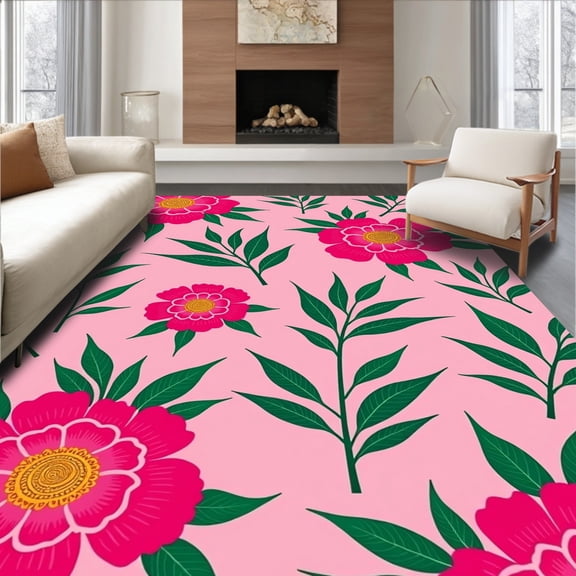 ODIKA 4'x6' Machine Washable Non-Slip Area Rug, Latch Hook Kit Blooming Peony Needlework Canvas Embroidery Project High Traffic Rug, Pink, 642678