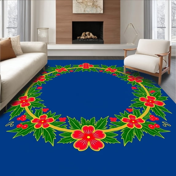 ODIKA 4'x6' Machine Washable Non-Slip Area Rug, Latch Hook Kit Festive Wreath Canvas Needlework Project High Traffic Rug, Blue, 647384