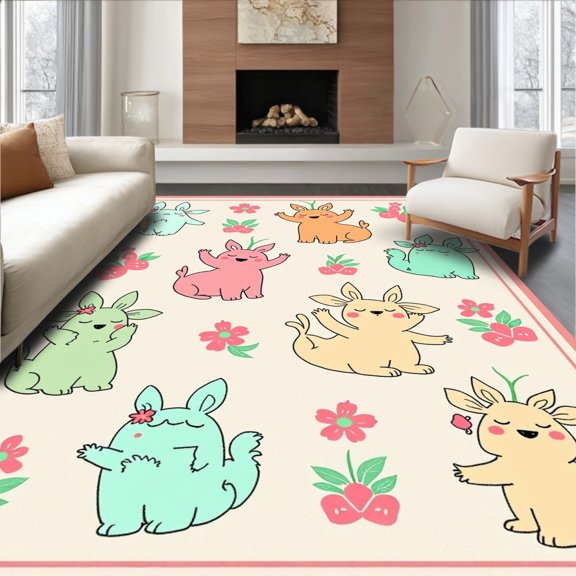 ODIKA 4x6 Machine Washable Non-Slip Area Rug, Latch Hook Kit Sleepy Forest Animal Needlework Canvas Crochet Yarn High Traffic Rug, Beige, 619397