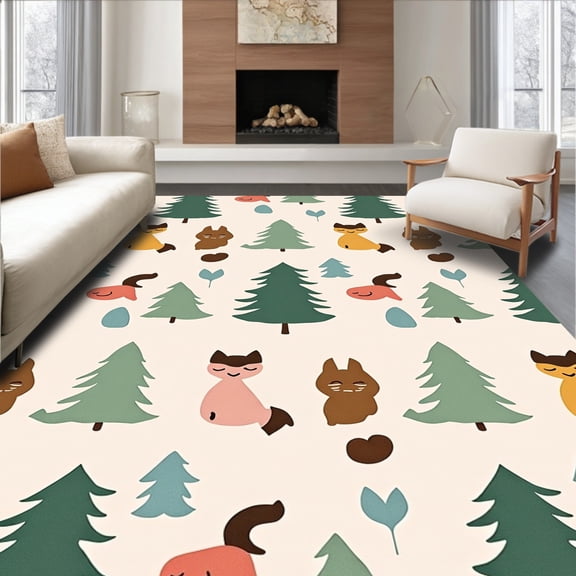 ODIKA 4'x6' Machine Washable Non-Slip Area Rug, Latch Hook Kit Sleepy Forest Animal Needlework DIY Crochet Embroidery High Traffic Rug, Beige, 619465