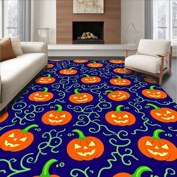 ODIKA 4'x6' Machine Washable Non-Slip Area Rug, Latch Hook Kit Spooky Pumpkin Patch Design with Pre Printed Canvas High Traffic Rug with Pad, Orange, 730897