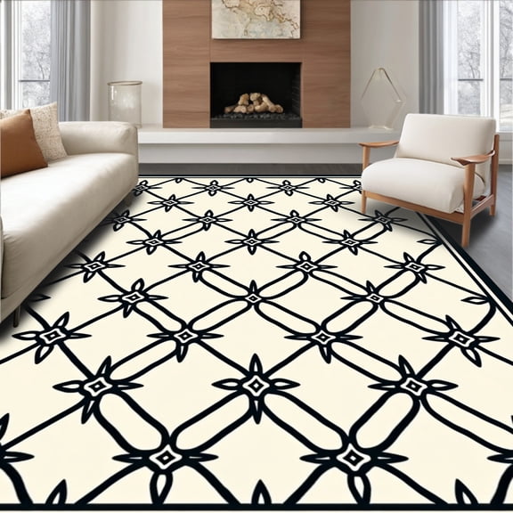 ODIKA 4'x6' Machine Washable Non-Slip Area Rug, Lattice Trellis Anti Slip Construction High Traffic Rug, Black, 547691