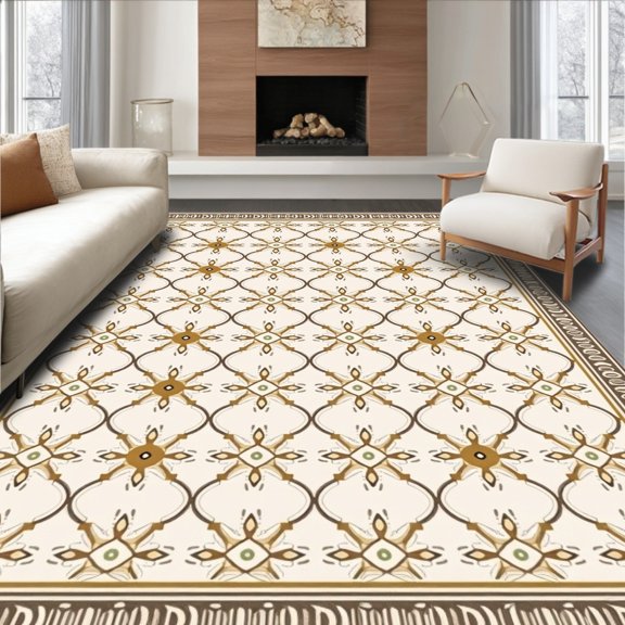 ODIKA 4'x6' Machine Washable Non-Slip Area Rug, Lattice Trellis Contemporary Elegant Decoration High Traffic Rug, Beige, 658127