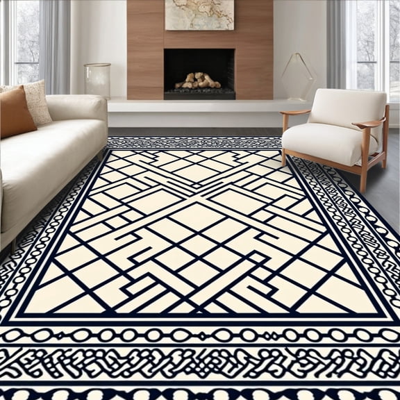 ODIKA 4'x6' Machine Washable Non-Slip Area Rug, Lattice Trellis with Intersecting Framework Design High Traffic Rug, Ivory, 477445