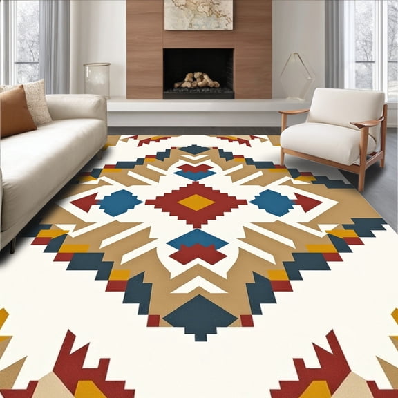 ODIKA 4'x6' Machine Washable Non-Slip Area Rug, Lattice with Southwestern Symbols High Traffic Rug, Beige, 664008