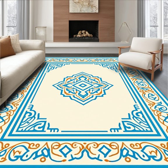ODIKA 4x6 Machine Washable Non-Slip Area Rug, Latticework Medallion with Interlocking Motifs High Traffic Rug, Beige, 376393